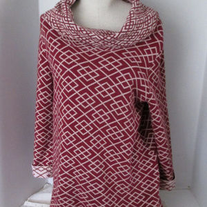 Moth Tunic Red Beige Geometric Print Cowl Neck LG